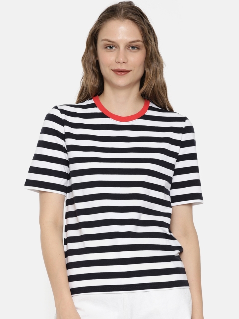 

ONLY Women Navy Blue Striped Round Neck T-shirt