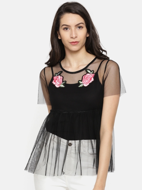 

ONLY Women Black Self-Design Sheer Top