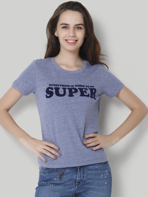 

ONLY Women Blue Printed Round Neck T-shirt
