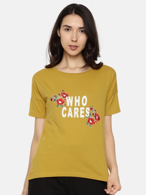 

ONLY Women Mustard Yellow Printed Round Neck T-shirt