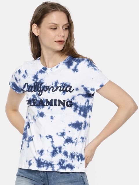 

ONLY Women White & Blue Dyed Round Neck T-shirt