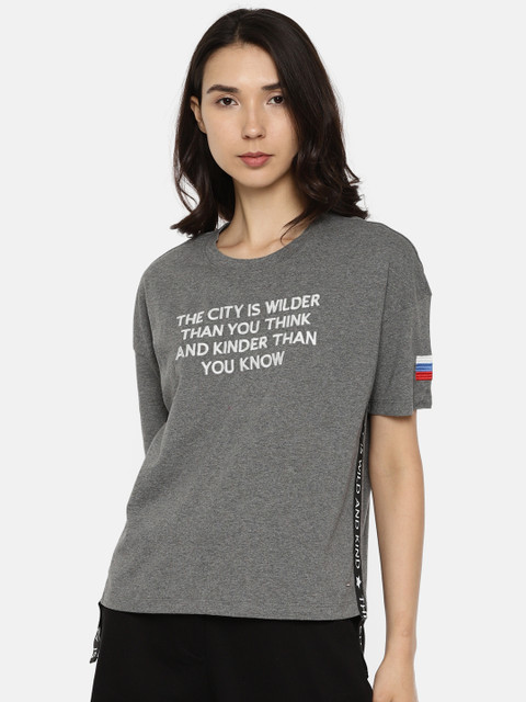 

ONLY Women Charcoal Grey Printed Round Neck T-shirt