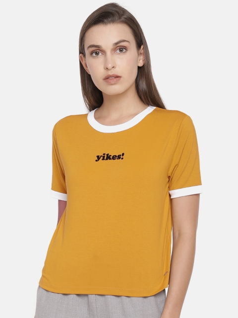 

ONLY Women Mustard Yellow Solid Round Neck T-shirt