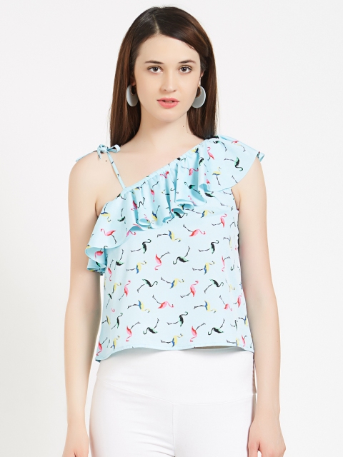 

pinwheel Women Blue Printed One Shoulder Ruffle Crop Top