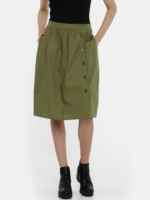 

ONLY Women Olive Green Solid A-Line Pure Cotton Skirt