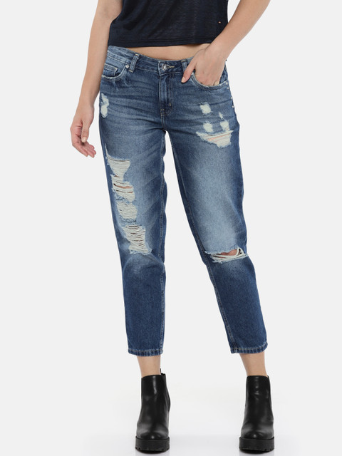 

ONLY Women Blue Boyfriend Fit Mid-Rise Highly Distressed Jeans