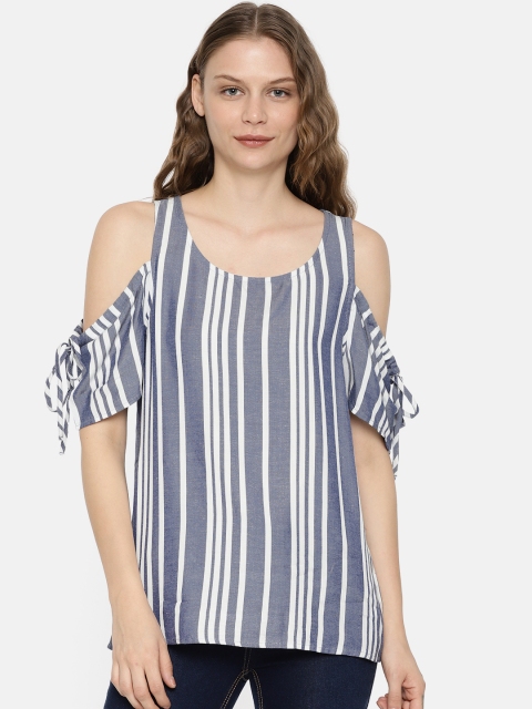 

ONLY Women Blue & White Striped Cold-Shoulder Top