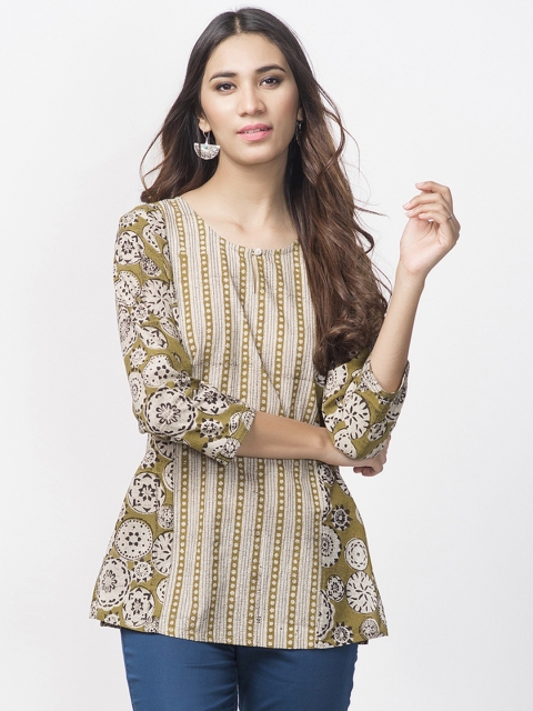 

Fabindia Beige & Olive Green Handblock Print A-Line Pure Cotton Kurti