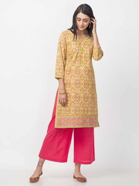 

Fabindia Women Mustard Yellow & Pink Handblock Print Straight Kurta