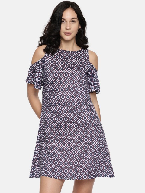 

Allen Solly Woman Women Navy Blue Printed Cold-Shoulder Dress