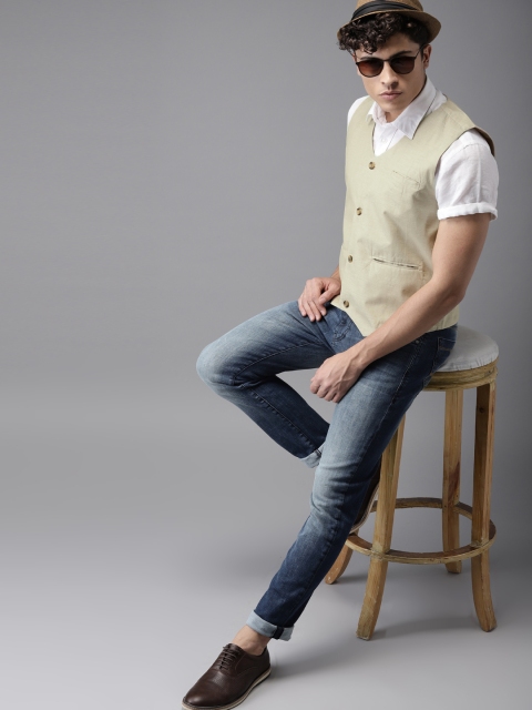 

HERE&NOW Beige Regular Fit Linen Casual Waistcoat