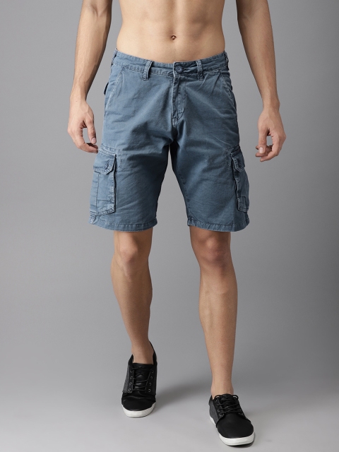 

HERE&NOW Men Blue Solid Regular Fit Cargo Shorts
