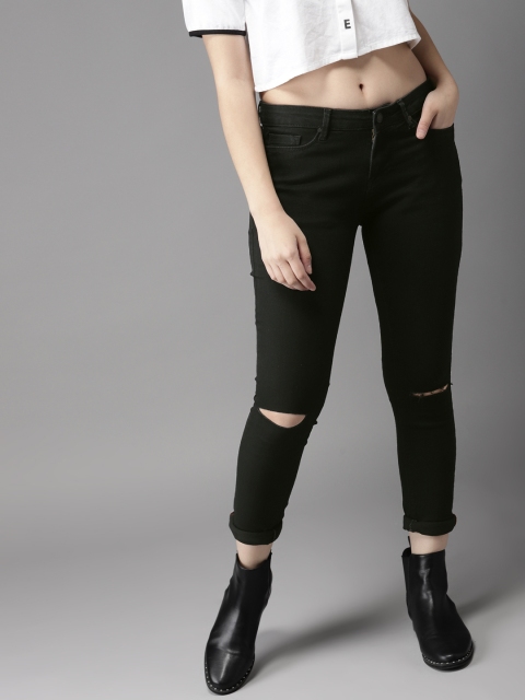 

HERE&NOW Women Black Skinny Fit Mid-Rise Cropped Slash Knee Stretchable Jeans