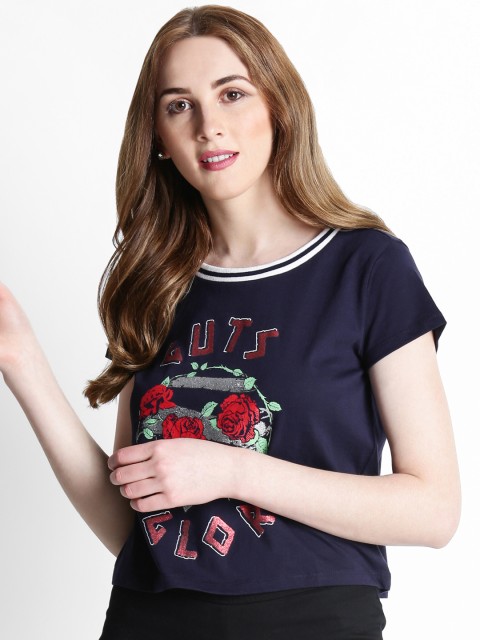 

SF JEANS by Pantaloons Women Navy Blue Printed Round Neck T-shirt