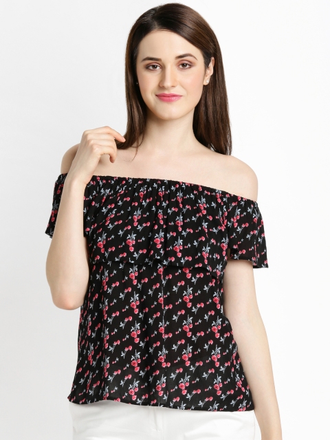 

Honey by Pantaloons Women Black Floral Print Layered Bardot Top