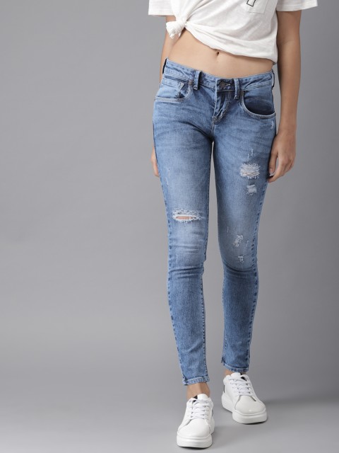 

Moda Rapido Women Blue Skinny Fit Mid-Rise Low Distress Cropped Jeans