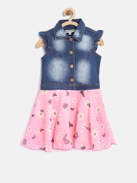 

Nauti Nati Girls Blue & Pink Printed Denim Fit and Flare Dress