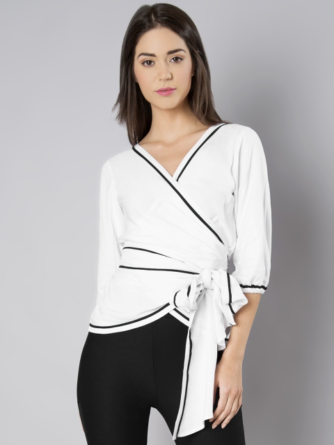 

FabAlley Women White Solid Wrap Top