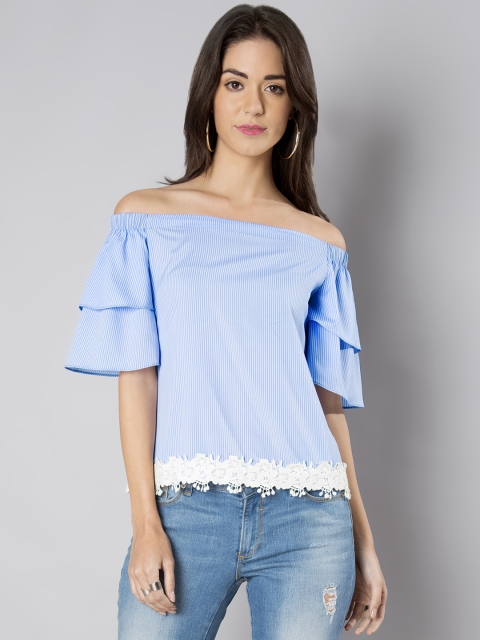 

FabAlley Women Blue Striped Bardot Top