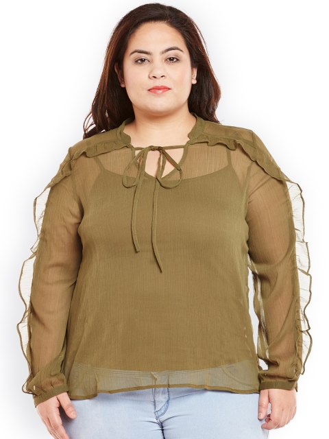 

Oxolloxo Women Olive Green Solid Sheer Top