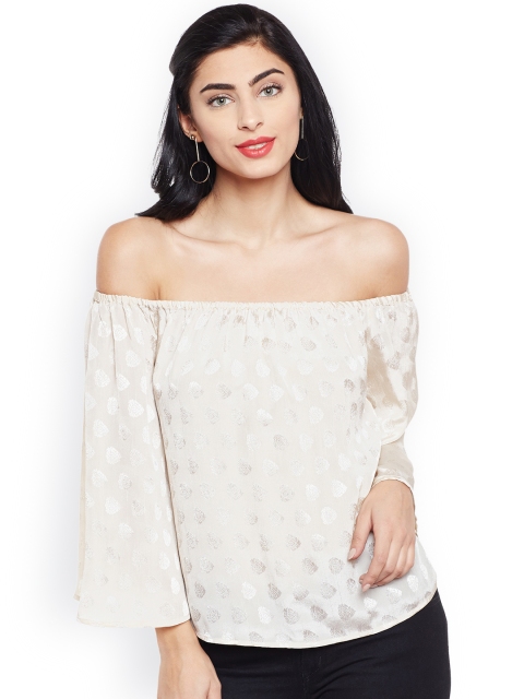 

Oxolloxo Women Cream-Coloured Printed Bardot Top