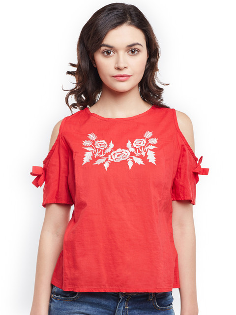 

Oxolloxo Women Coral Solid Cold Shoulder Top