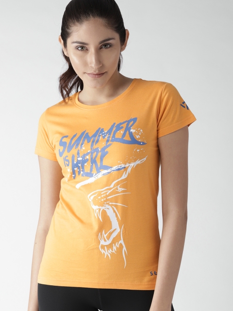

SEVEN by MS Dhoni Women Orange Printed Round Neck T-shirt