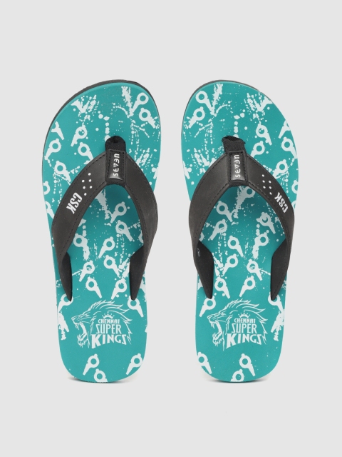 

SEVEN by MS Dhoni Men Black & Sea Green CSK Printed Thong Flip-Flops