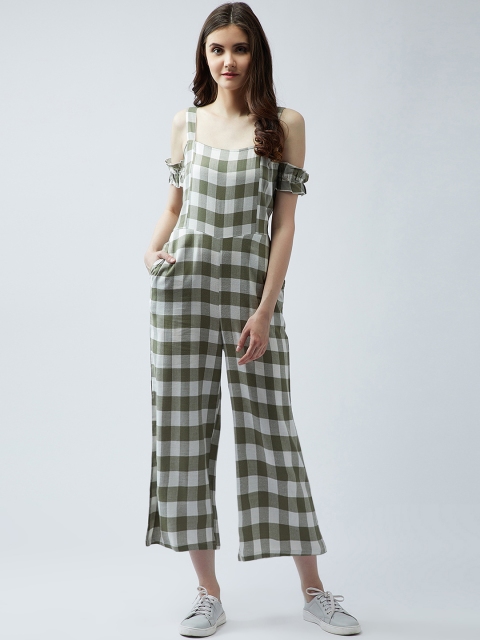 

MAGRE Olive Green Checked Basic Jumpsuit