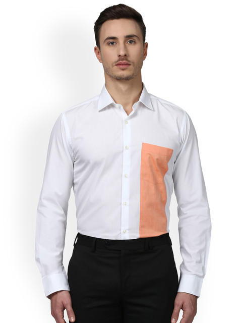

Park Avenue Men White & Orange Slim Fit Colourblocked Formal Shirt