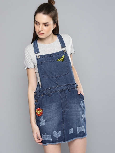 

Wonder Woman Women Denim Blue Solid Pinafore Dress