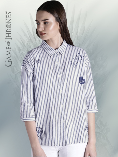 

Game of Thrones by Kook N Keech Women White & Blue Regular Fit Striped Casual Shirt