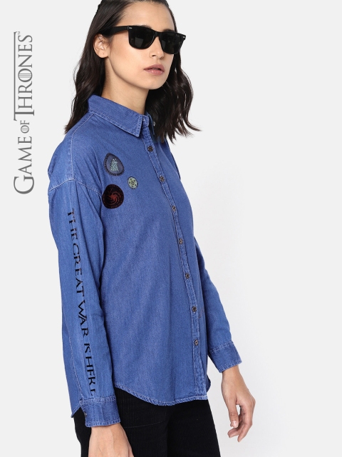 

Game of Thrones by Kook N Keech Women Blue Regular Fit Solid Chambray Casual Shirt