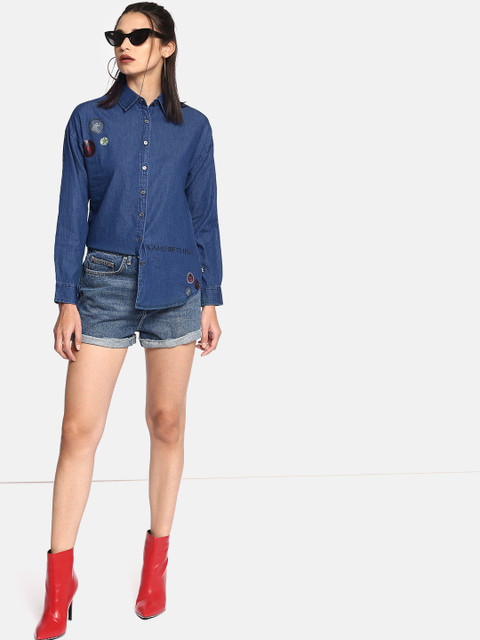 

Game of Thrones by Kook N Keech Women Navy Regular Fit Chambray Casual Shirt, Navy blue