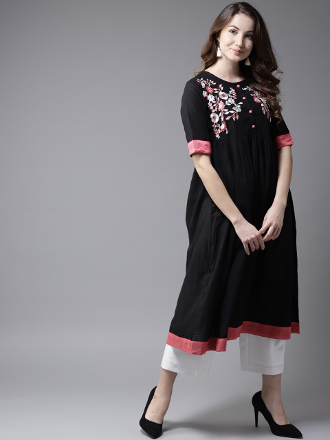 

HERE&NOW Women Black Embroidered A-Line Kurta