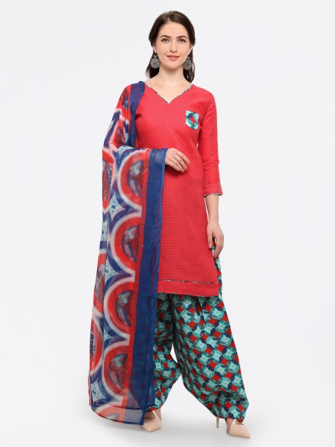 

Saree mall Red & Blue Self Designed Cotton Blend Unstitched Dress Material
