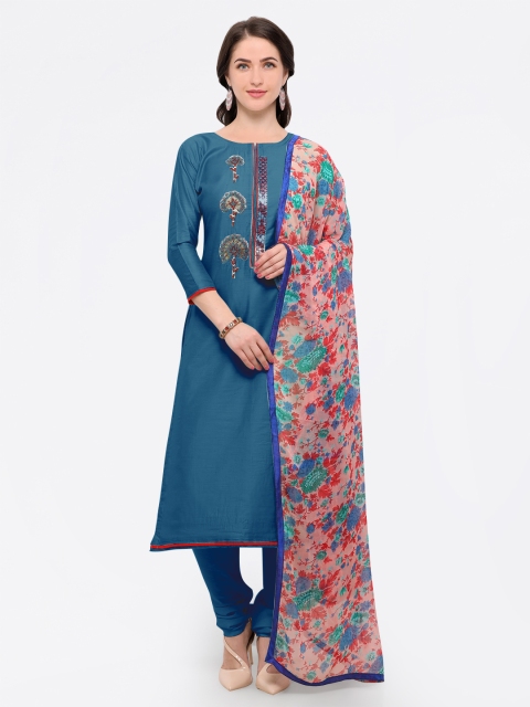 

Saree mall Teal & Pink Cotton Blend Unstitched Dress Material
