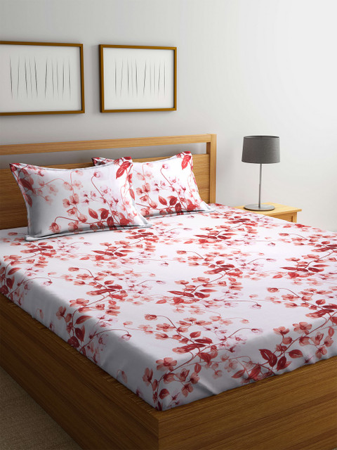 

BOMBAY DYEING White & Orange Floral Flat 144 TC Cotton 1 King Bedsheet with 2 Pillow Covers