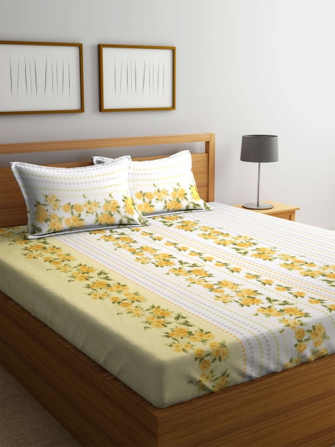 

BOMBAY DYEING Yellow & White Floral Flat 144 TC Cotton 1 King Bedsheet with 2 Pillow Covers