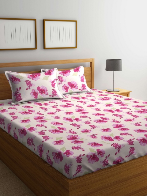 

BOMBAY DYEING White & Pink Floral Flat 144 TC Cotton 1 King Bedsheet with 2 Pillow Covers