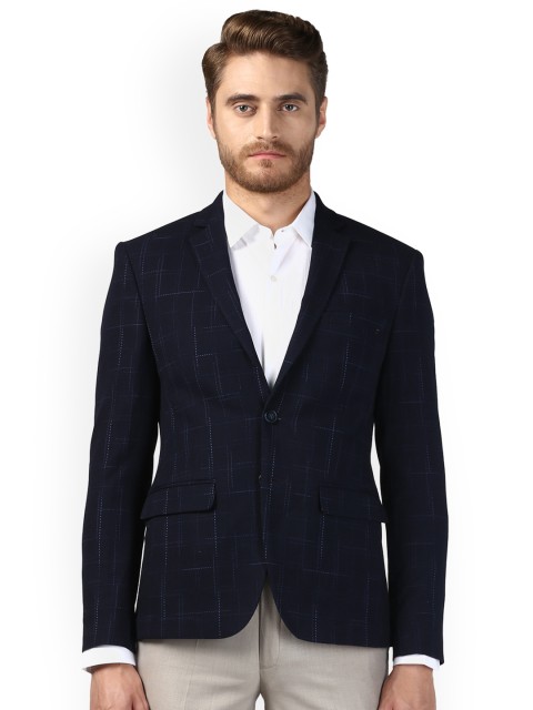 

Park Avenue Navy Blue Checked Single-Breasted Blazer