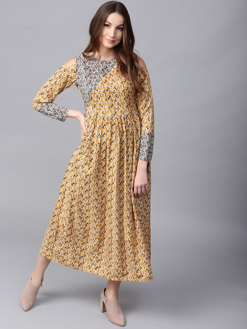 

Jaipur Kurti Women Mustard Yellow Printed Maxi Dress