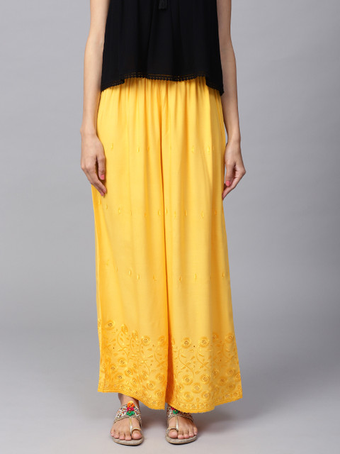 

Jaipur Kurti Women Yellow Schiffly Embroidery Wide Leg Palazzos