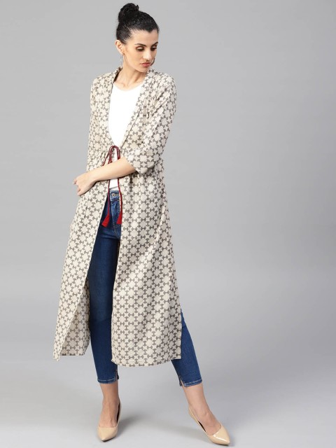 

Jaipur Kurti Women Beige & Grey Printed Longline Ethnic Jacket