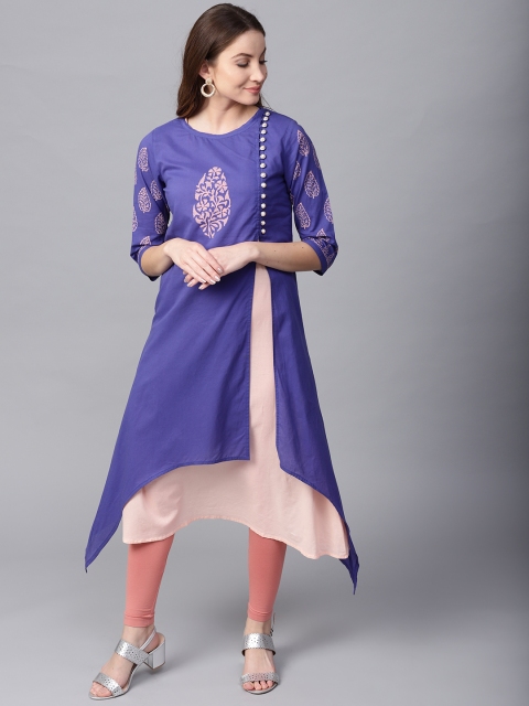

Jaipur Kurti Women Peach Coloured & Blue Layered A-Line Kurta