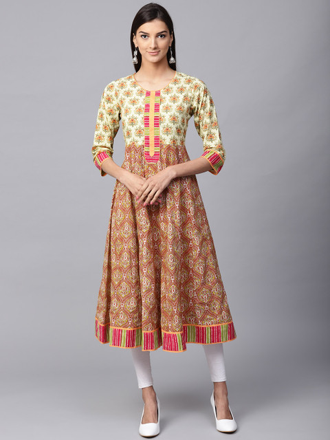 

Jaipur Kurti Women Green & Orange Printed A-Line Kurta