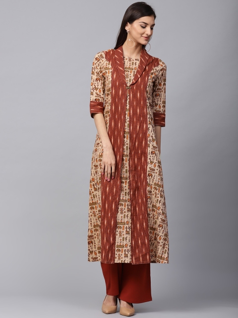 

Jaipur Kurti Women Beige & Burgundy Printed Layered A-Line Kurta