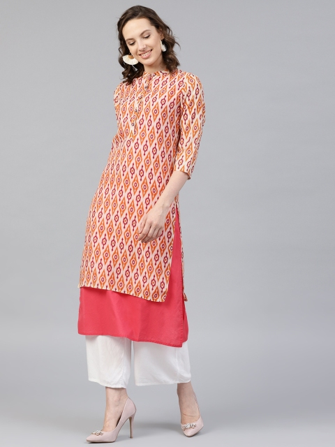 

Jaipur Kurti Women Beige & Rust Orange Ikat Print Straight Kurta