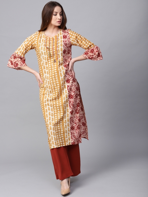 

Jaipur Kurti Women Mustard Yellow & Off-White Embroidered Straight Kurta