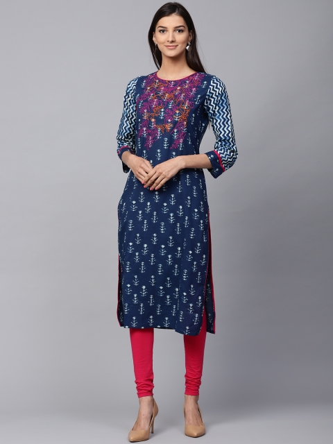 

Jaipur Kurti Women Navy Blue Embroidered Straight Kurta